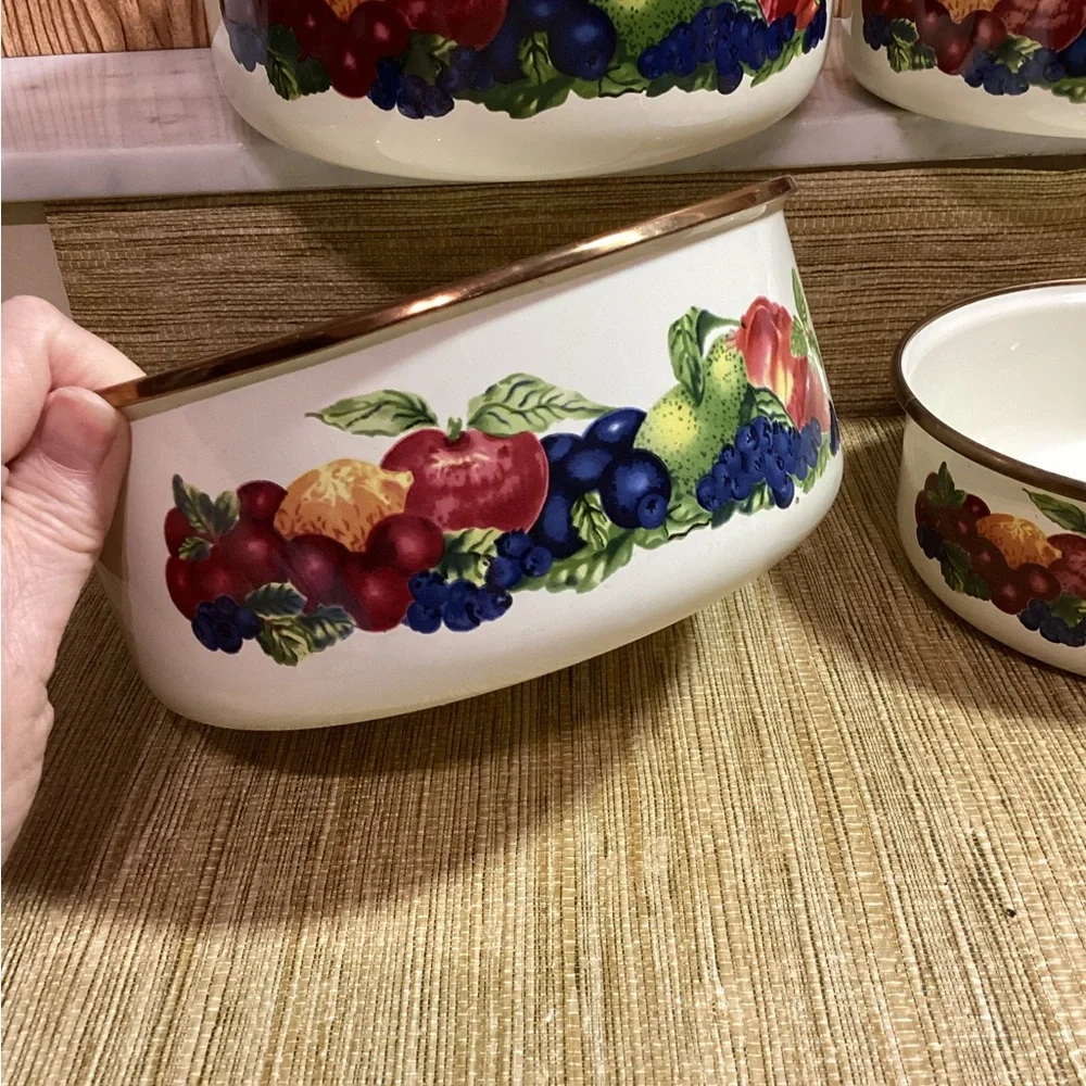 Floral Fruit Design Enamelware Nesting Bowls Set of 4